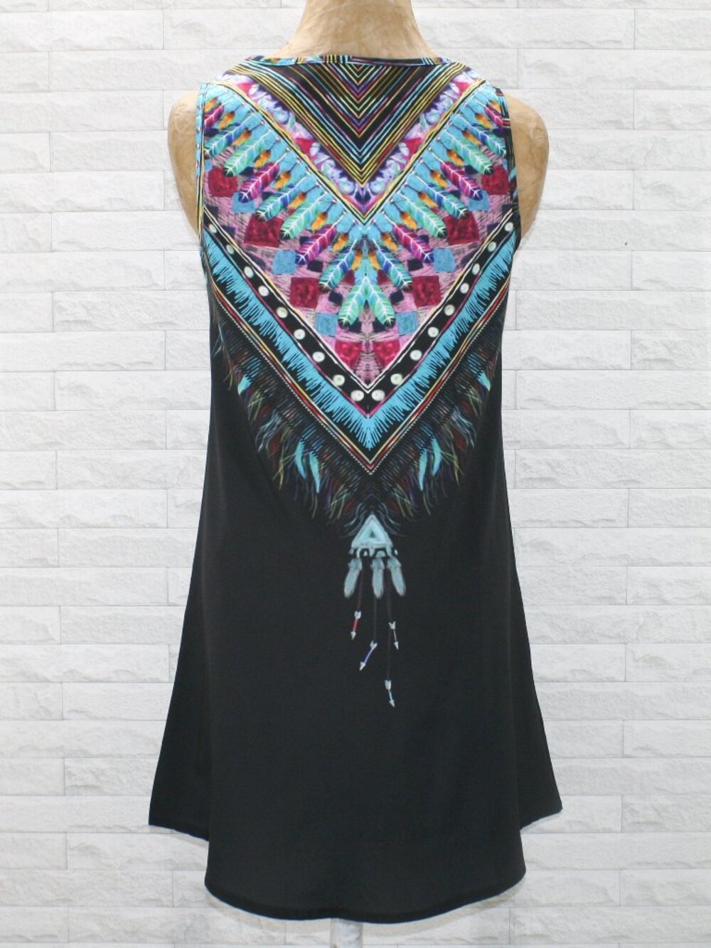 Dress Sleeveless Graphic Feather Print Colorful Shift Summer Lightweight SM - Picture 4 of 14